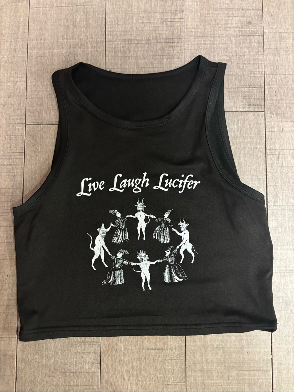♥️5/$25♥️Black Graphic Crop Tank Top - "Live Laugh Lucifer"